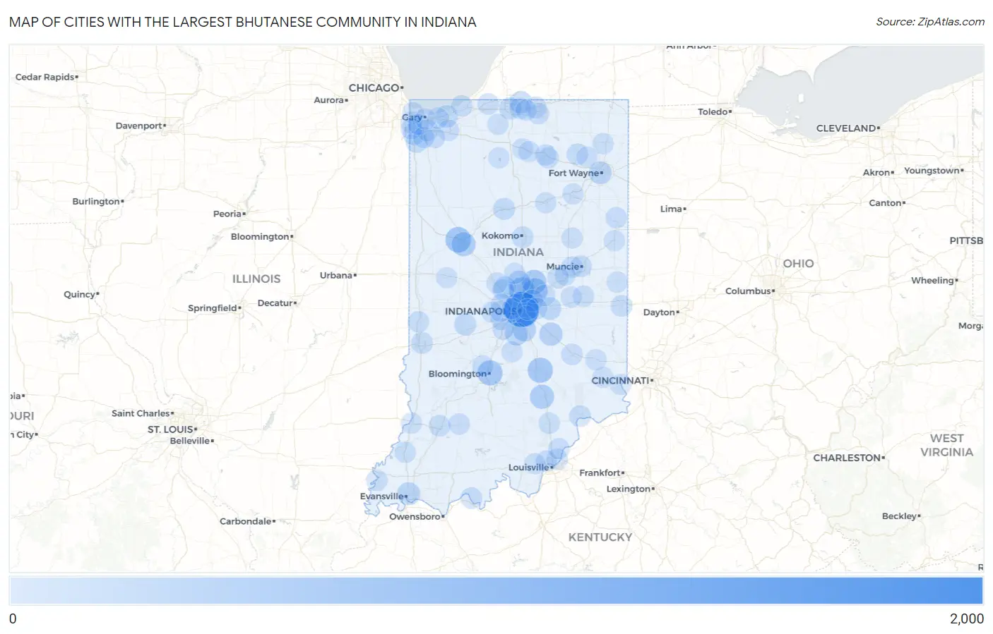 Cities with the Largest Bhutanese Community in Indiana Map