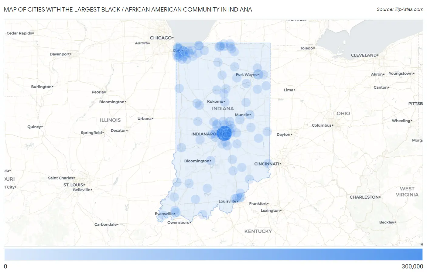 Cities with the Largest Black / African American Community in Indiana Map