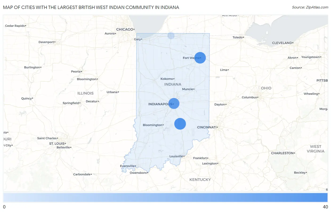 Cities with the Largest British West Indian Community in Indiana Map