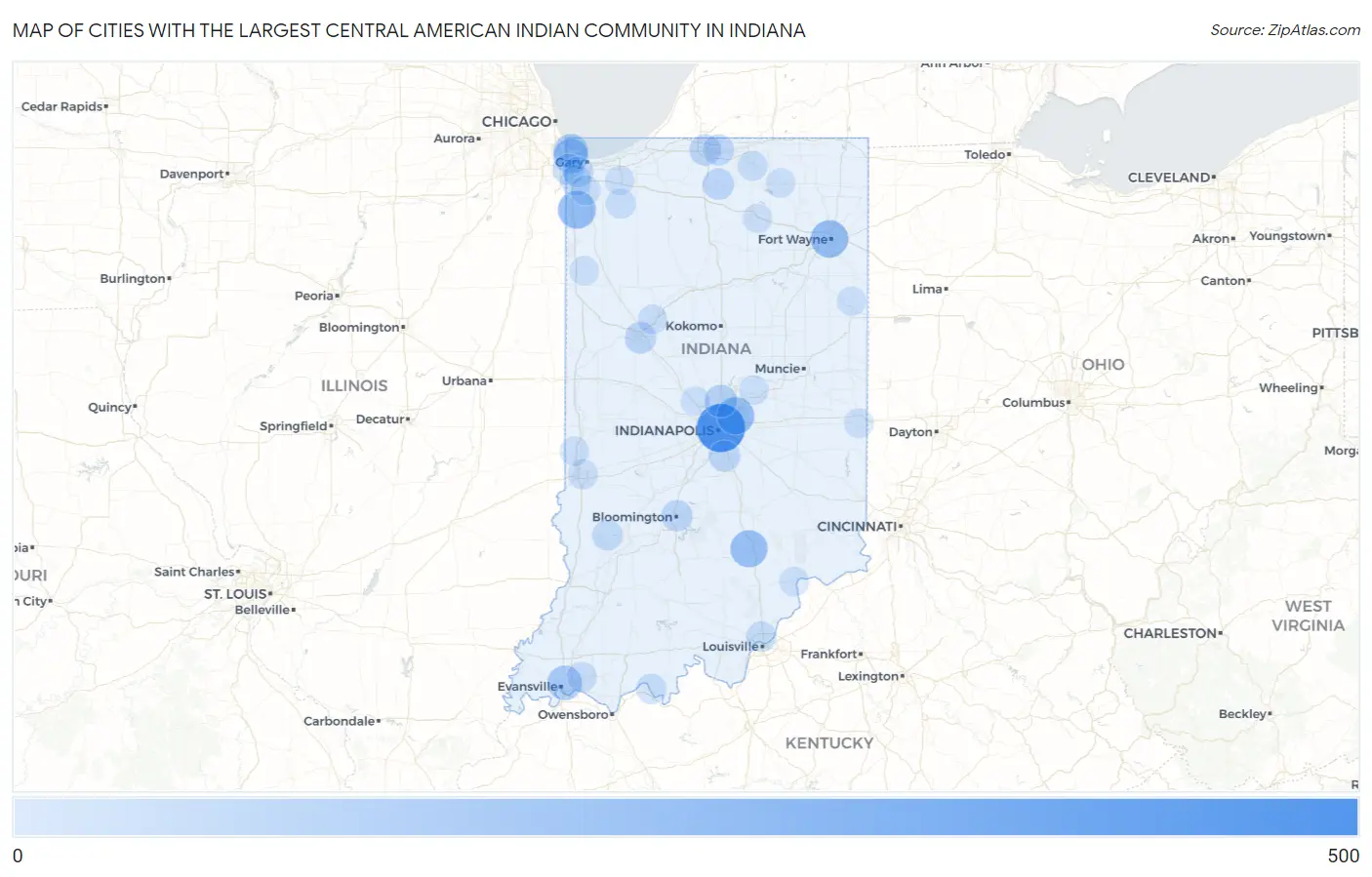 Cities with the Largest Central American Indian Community in Indiana Map