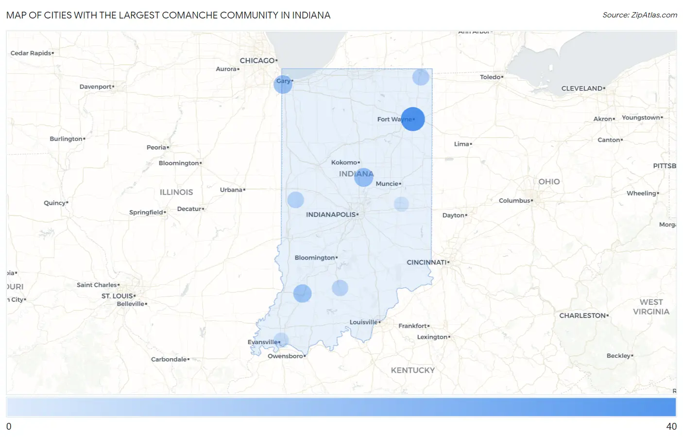 Cities with the Largest Comanche Community in Indiana Map