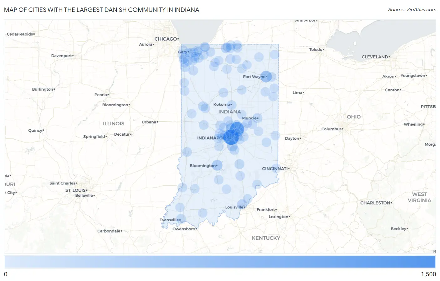 Cities with the Largest Danish Community in Indiana Map