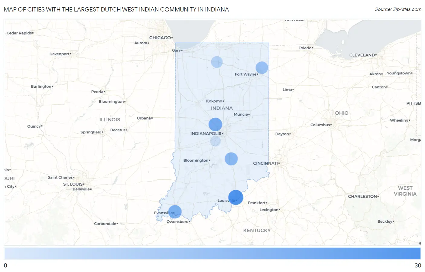 Cities with the Largest Dutch West Indian Community in Indiana Map