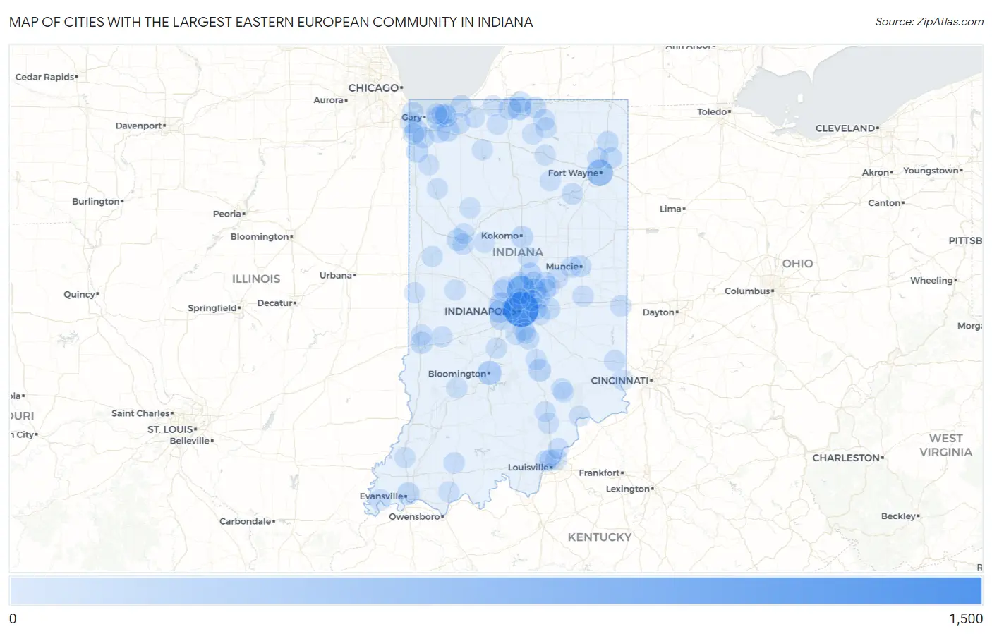Cities with the Largest Eastern European Community in Indiana Map