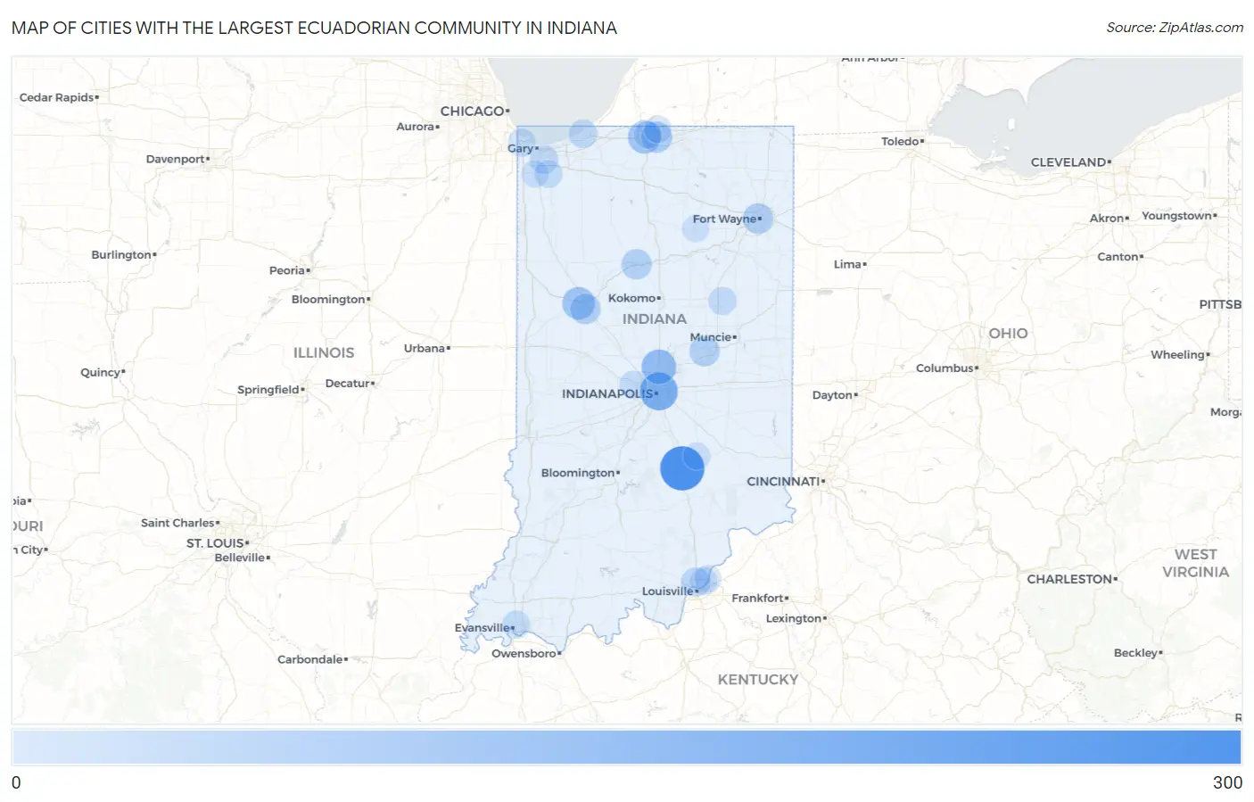 Cities with the Largest Ecuadorian Community in Indiana Map