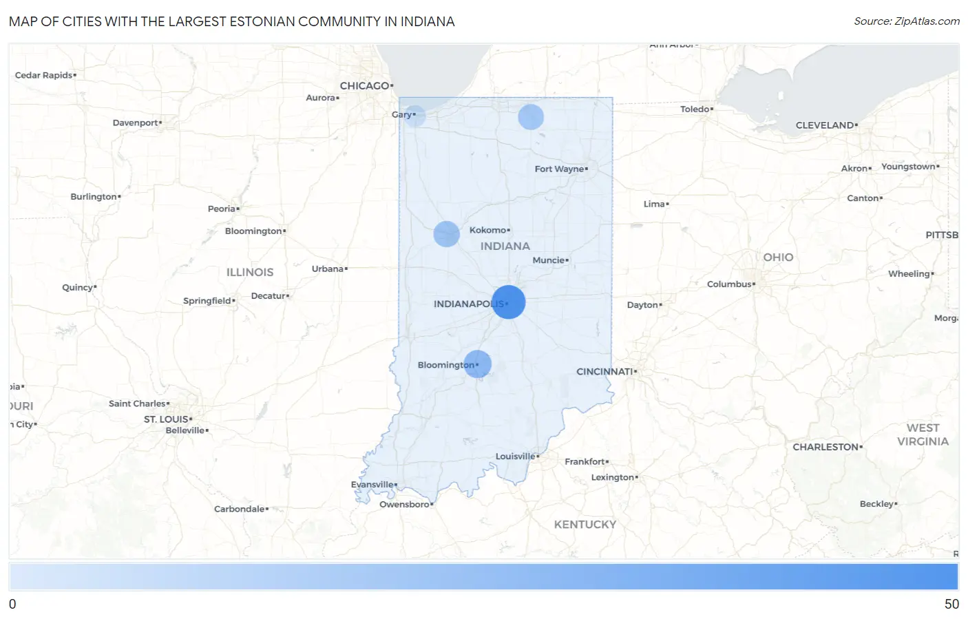 Cities with the Largest Estonian Community in Indiana Map