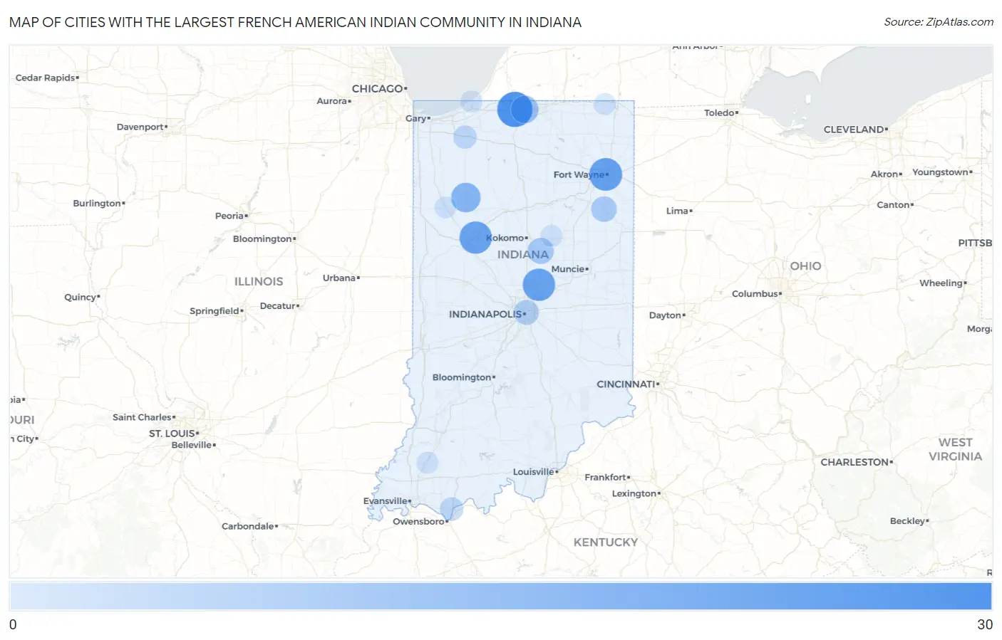 Cities with the Largest French American Indian Community in Indiana Map