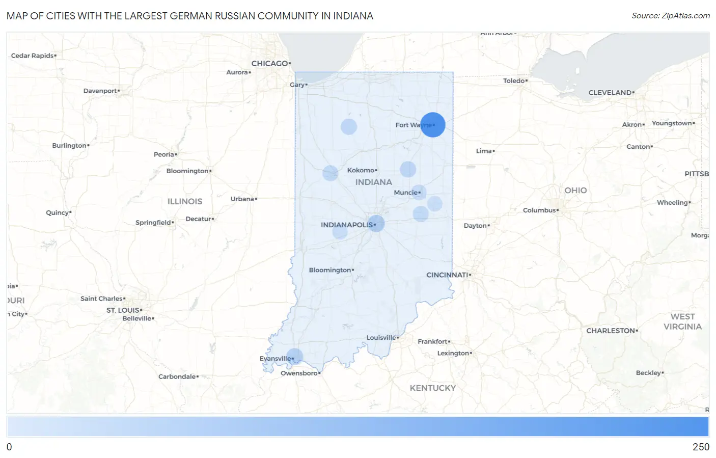 Cities with the Largest German Russian Community in Indiana Map