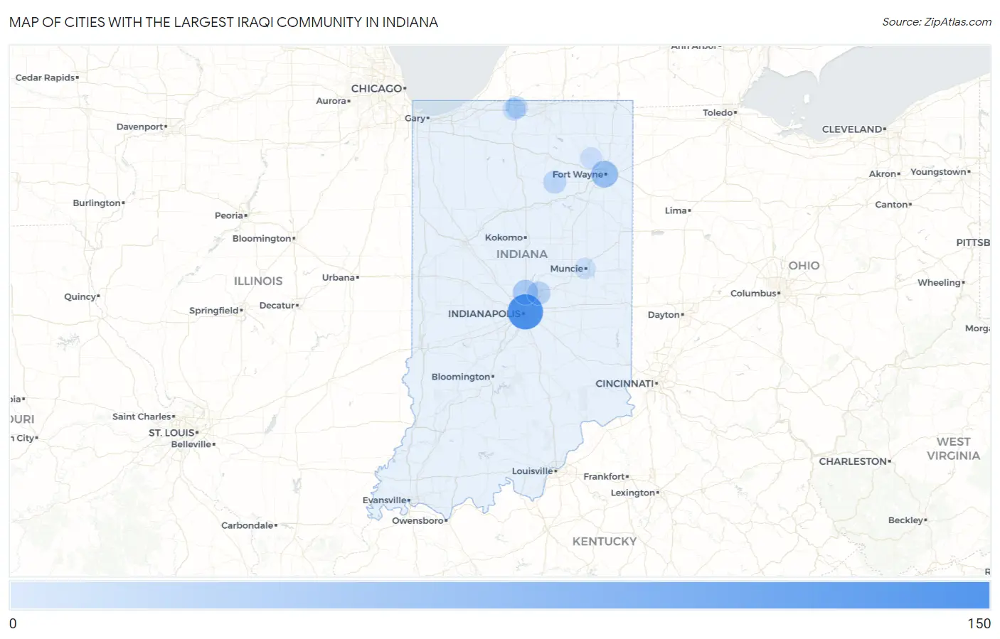 Cities with the Largest Iraqi Community in Indiana Map