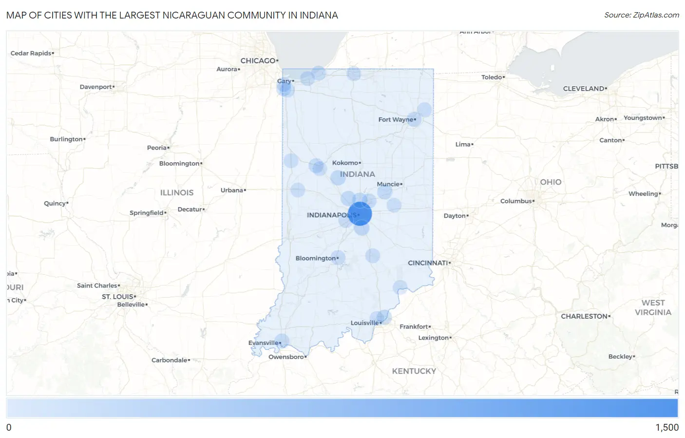 Cities with the Largest Nicaraguan Community in Indiana Map