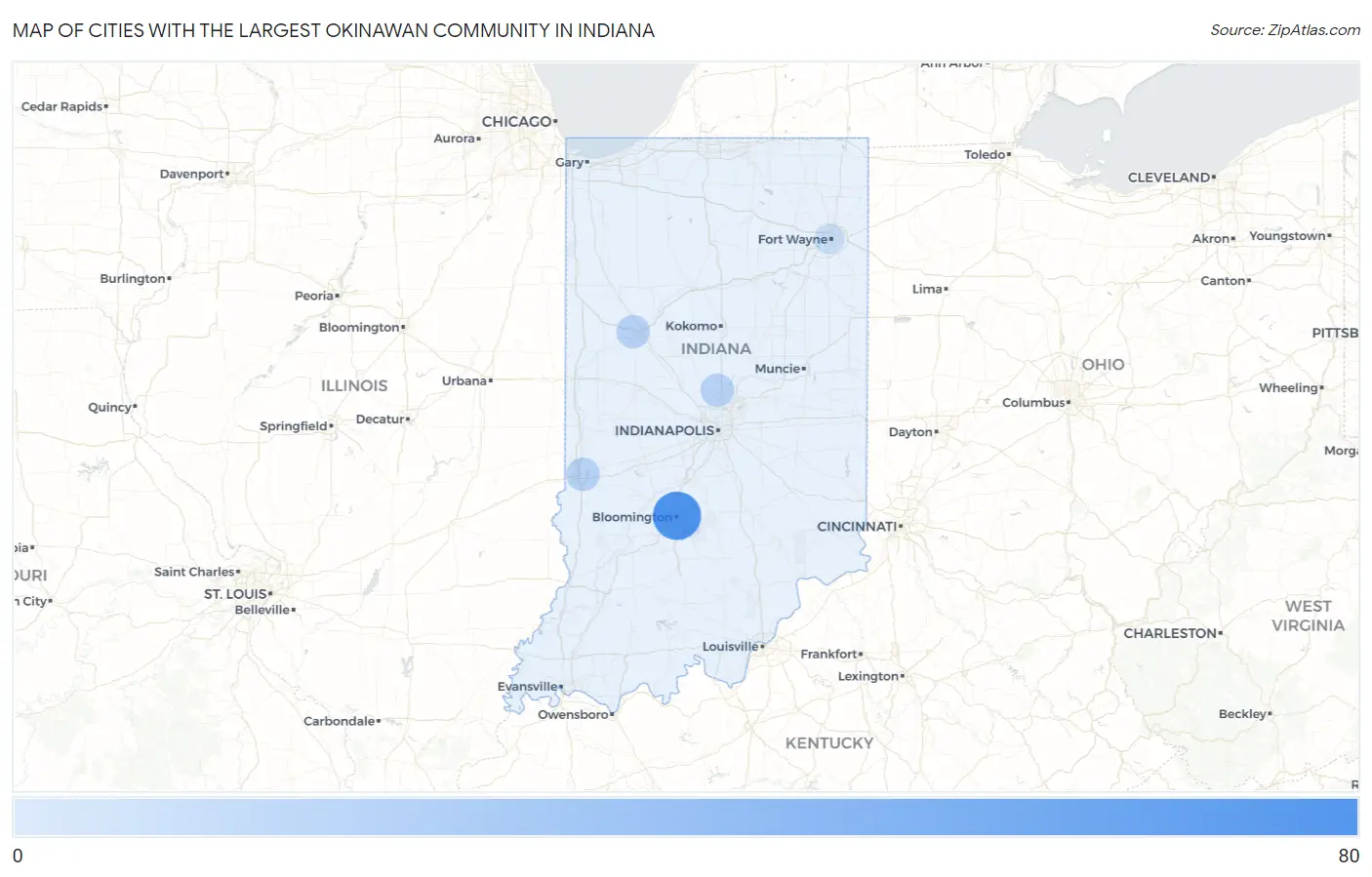 Cities with the Largest Okinawan Community in Indiana Map
