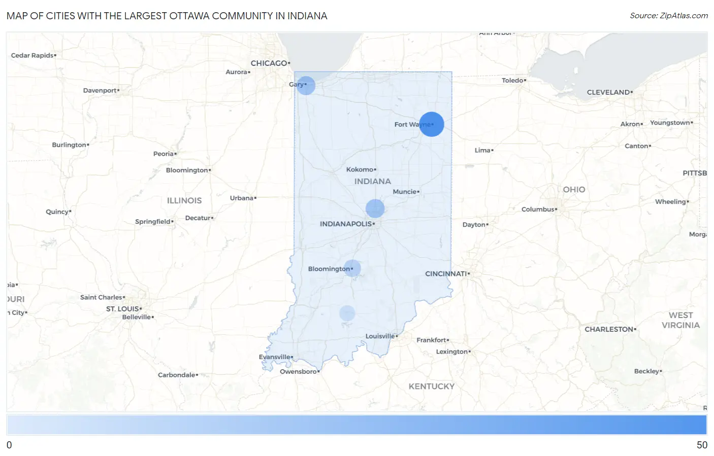 Cities with the Largest Ottawa Community in Indiana Map