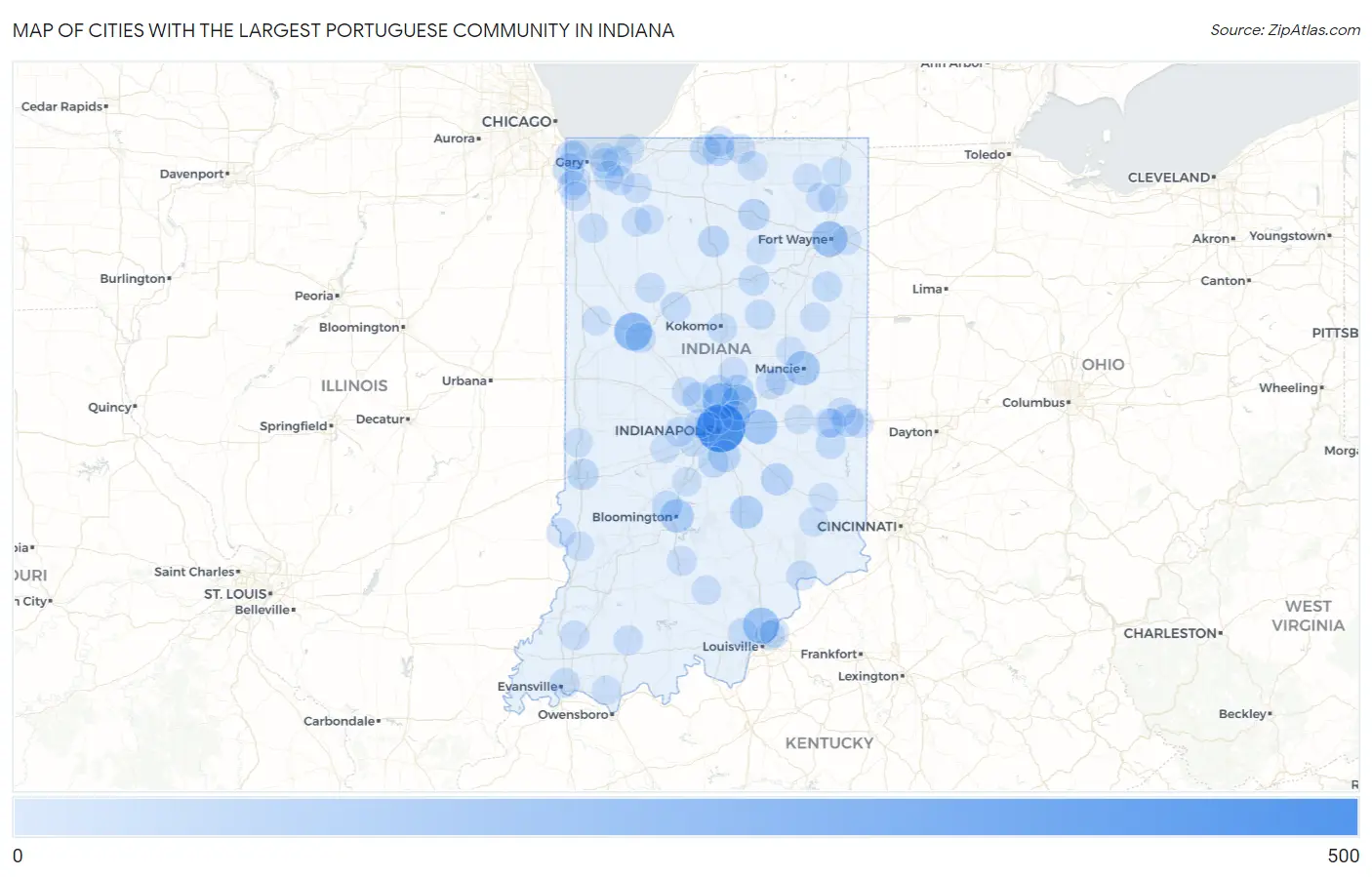 Cities with the Largest Portuguese Community in Indiana Map