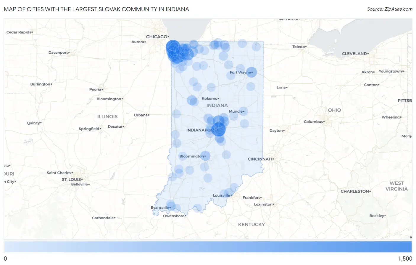 Cities with the Largest Slovak Community in Indiana Map