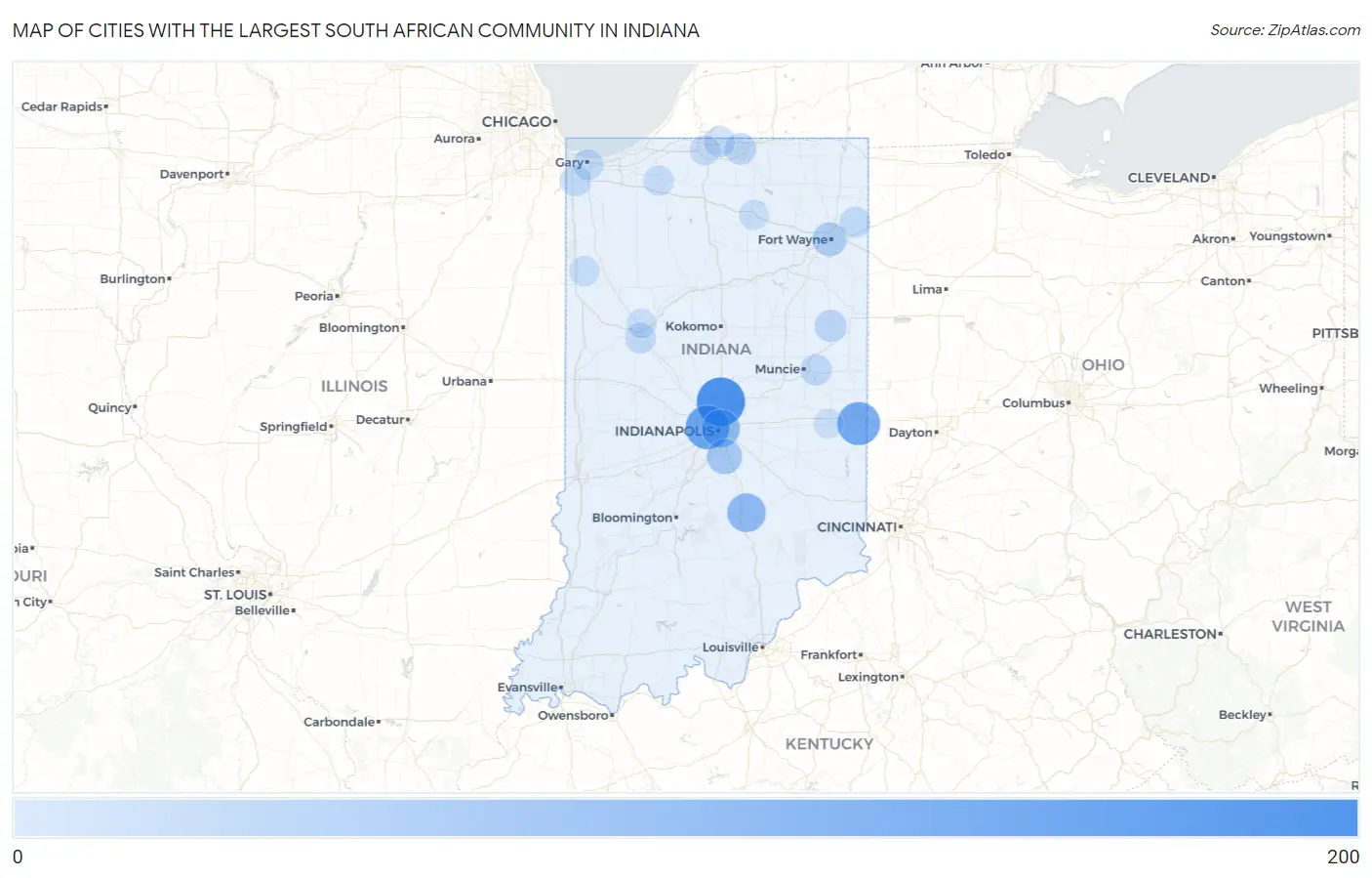Cities with the Largest South African Community in Indiana Map