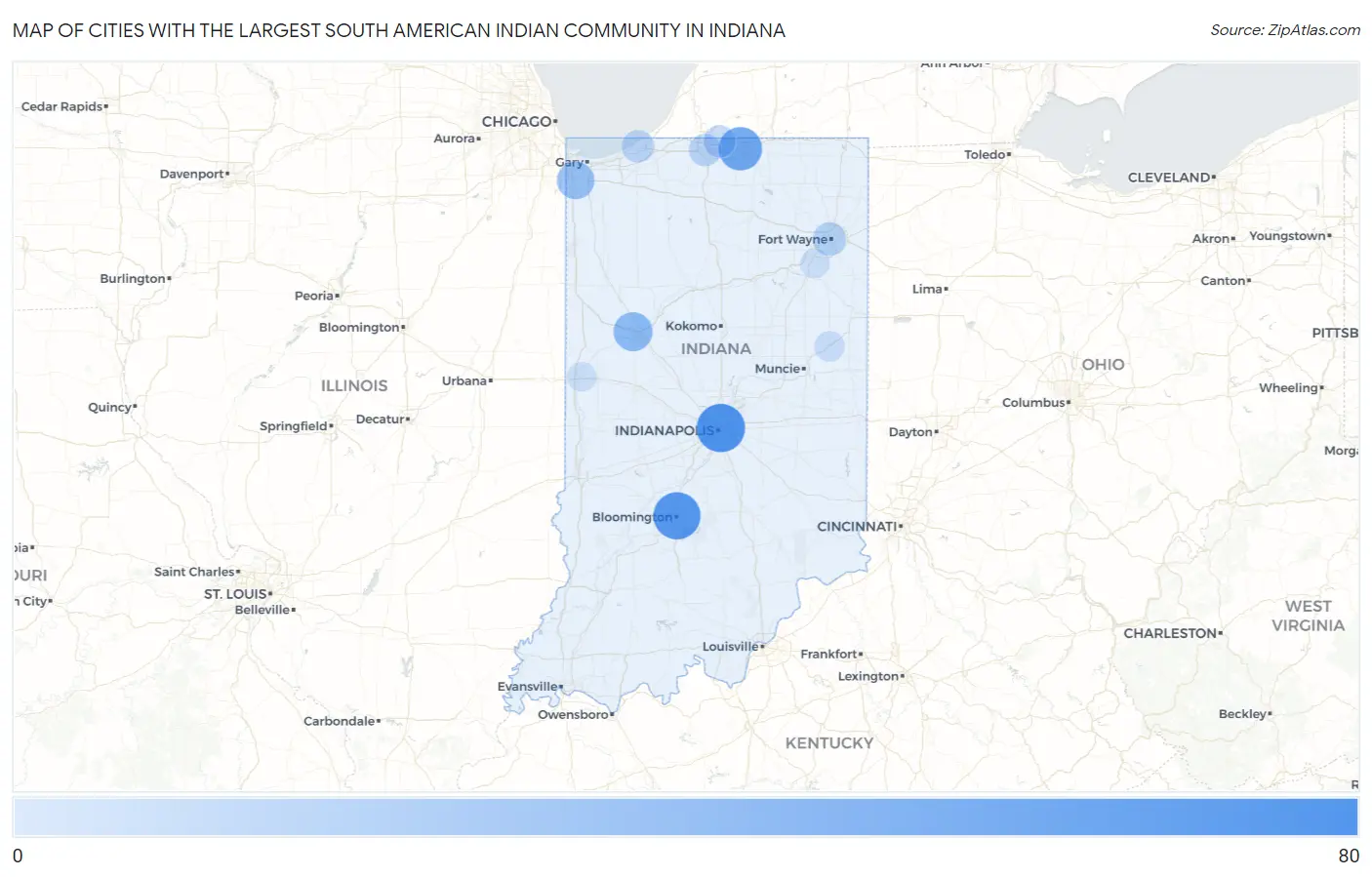 Cities with the Largest South American Indian Community in Indiana Map