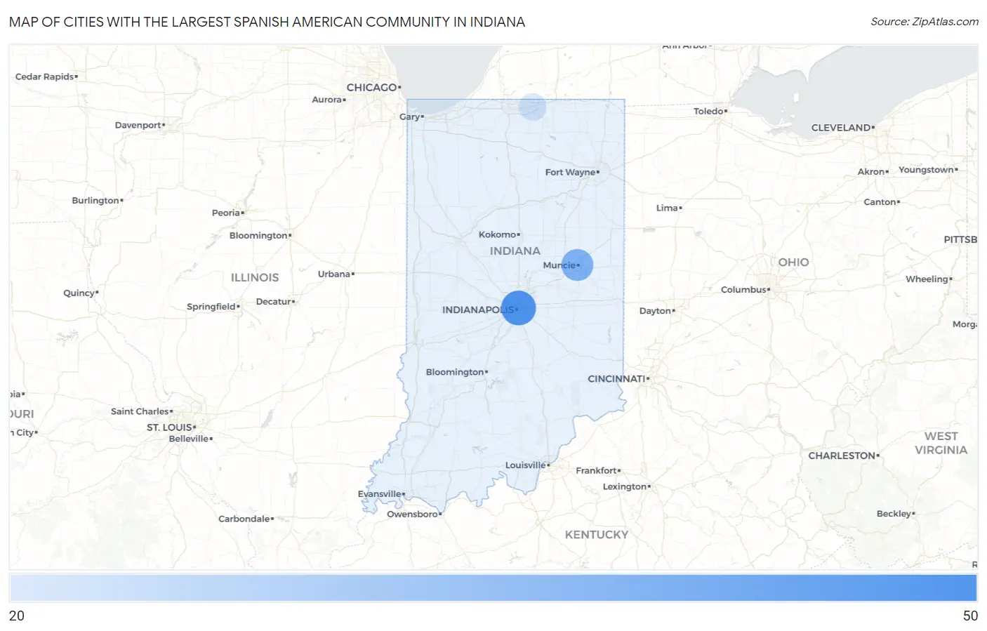 Cities with the Largest Spanish American Community in Indiana Map