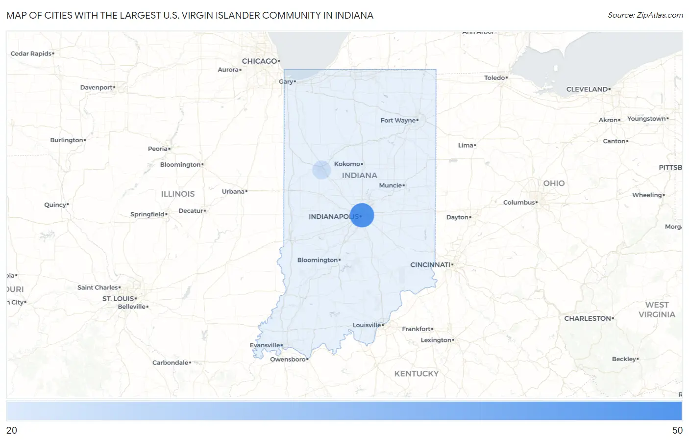 Cities with the Largest U.S. Virgin Islander Community in Indiana Map