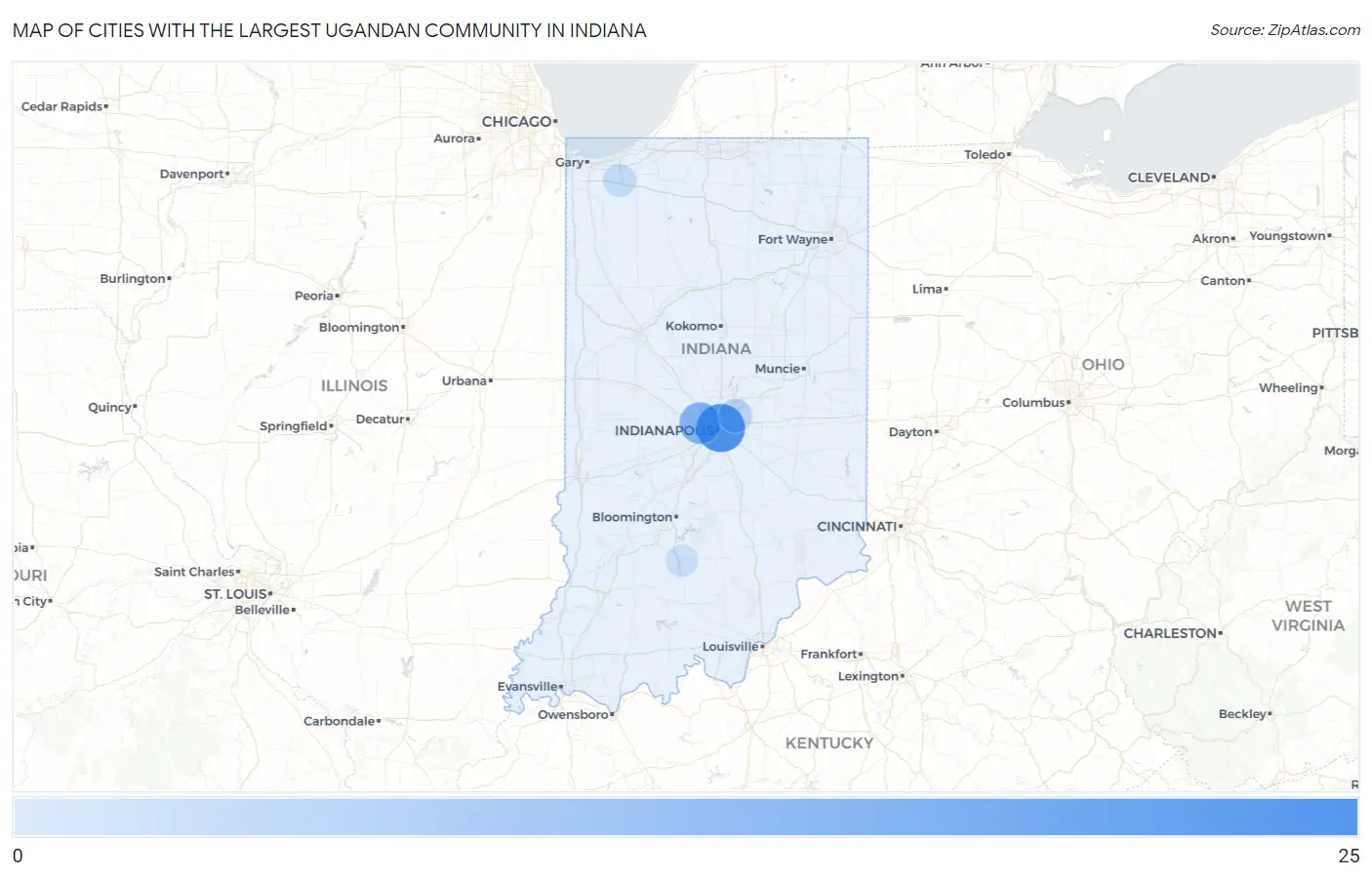 Cities with the Largest Ugandan Community in Indiana Map