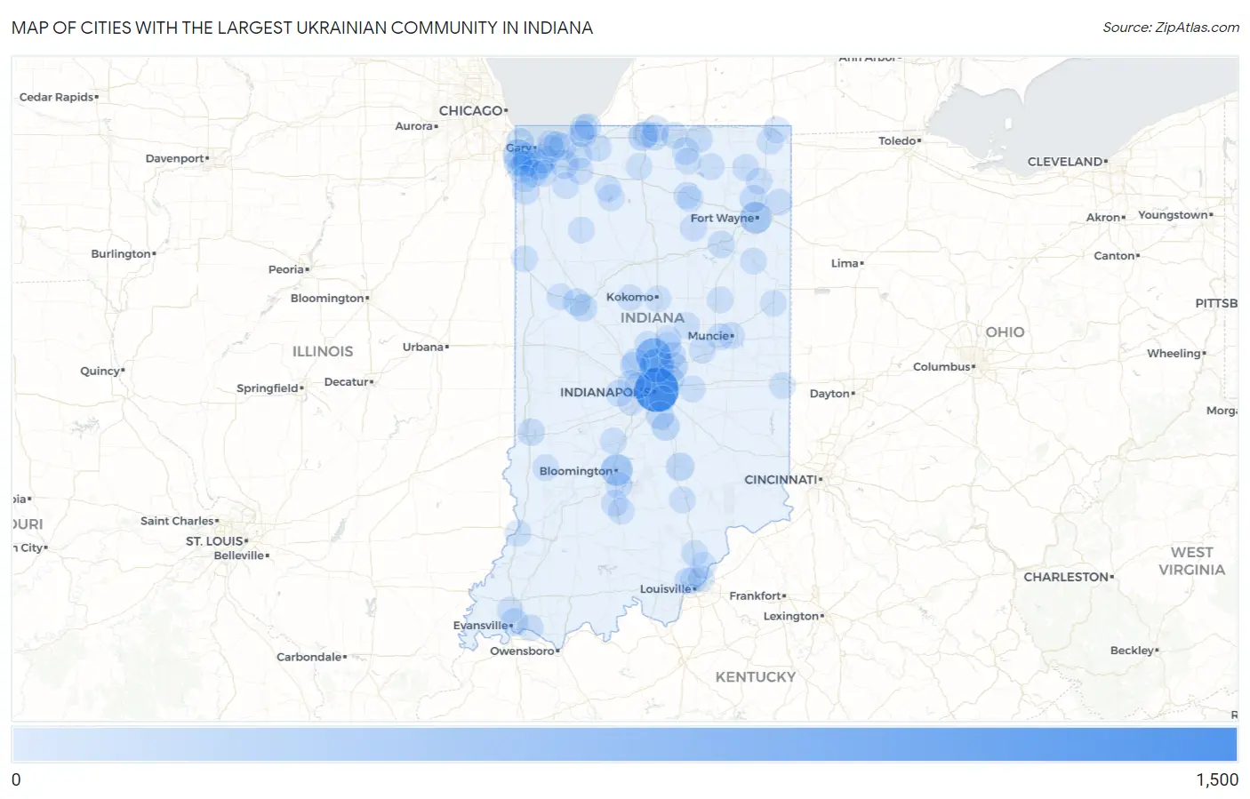 Cities with the Largest Ukrainian Community in Indiana Map