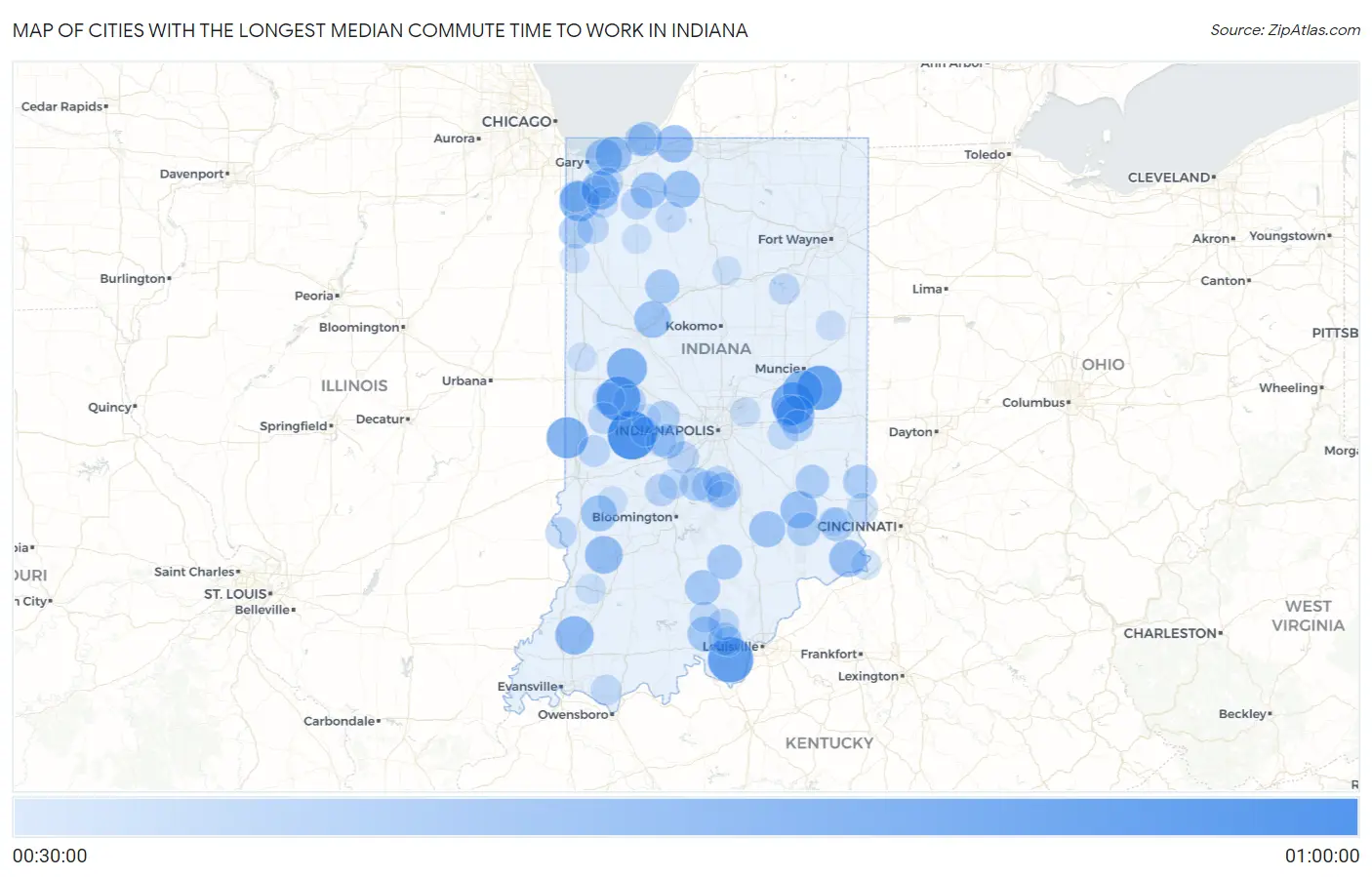 Cities with the Longest Median Commute Time to Work in Indiana Map