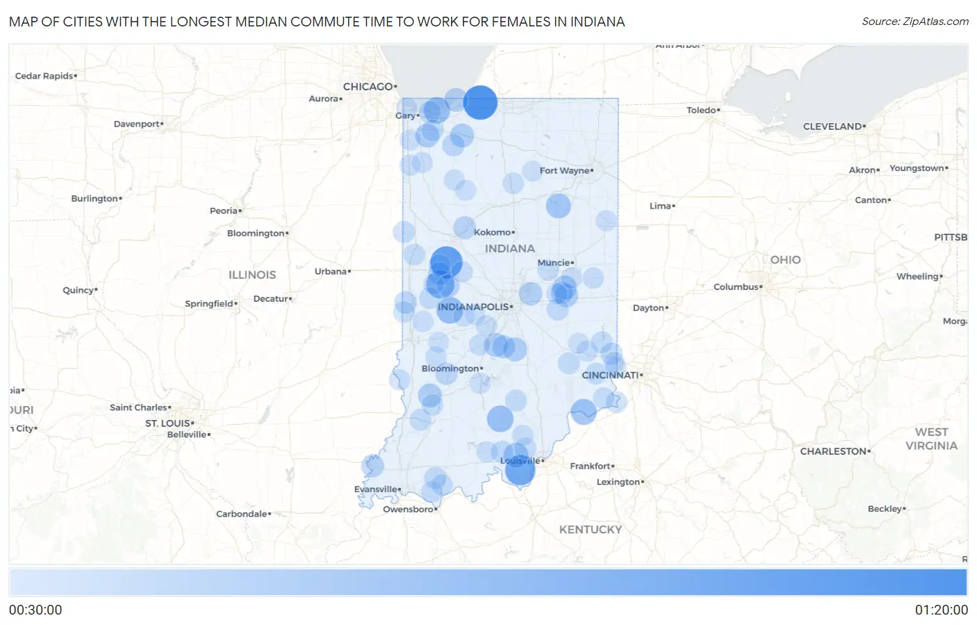 Cities with the Longest Median Commute Time to Work for Females in Indiana Map