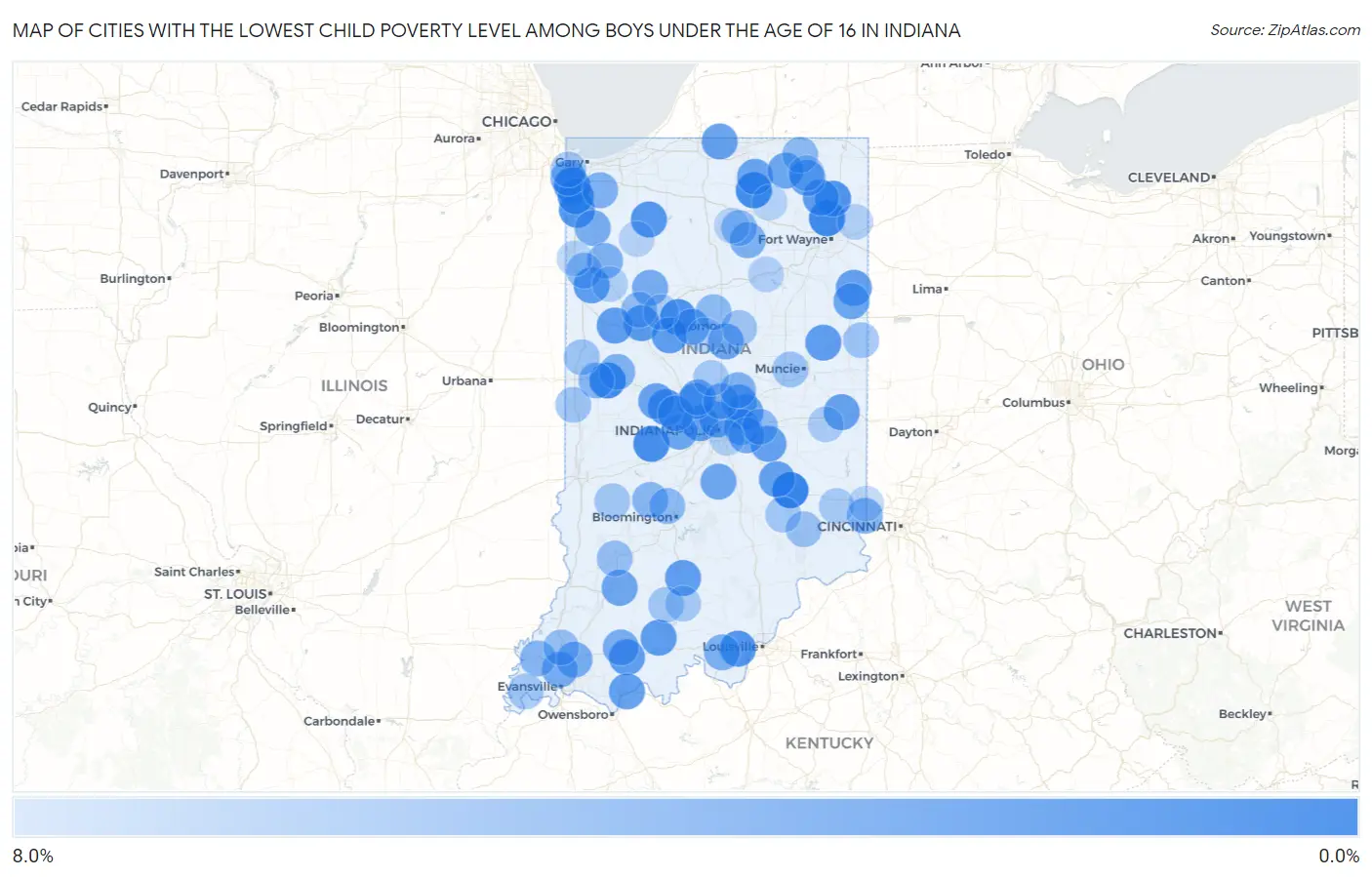 Cities with the Lowest Child Poverty Level Among Boys Under the Age of 16 in Indiana Map