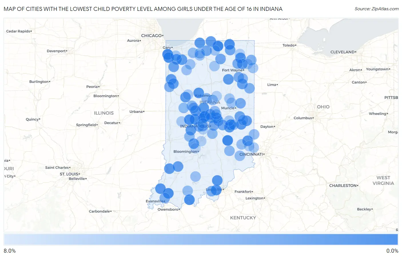 Cities with the Lowest Child Poverty Level Among Girls Under the Age of 16 in Indiana Map