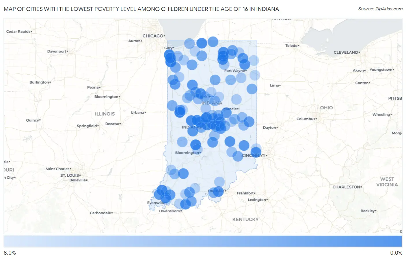 Cities with the Lowest Poverty Level Among Children Under the Age of 16 in Indiana Map