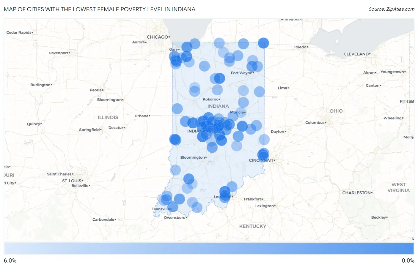 Cities with the Lowest Female Poverty Level in Indiana Map