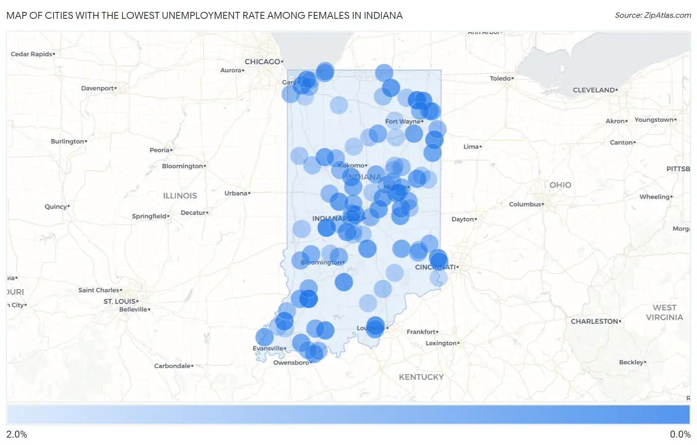 Cities with the Lowest Unemployment Rate Among Females in Indiana Map