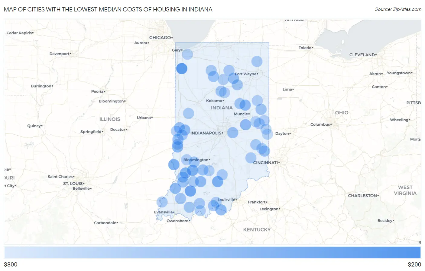 Cities with the Lowest Median Costs of Housing in Indiana Map