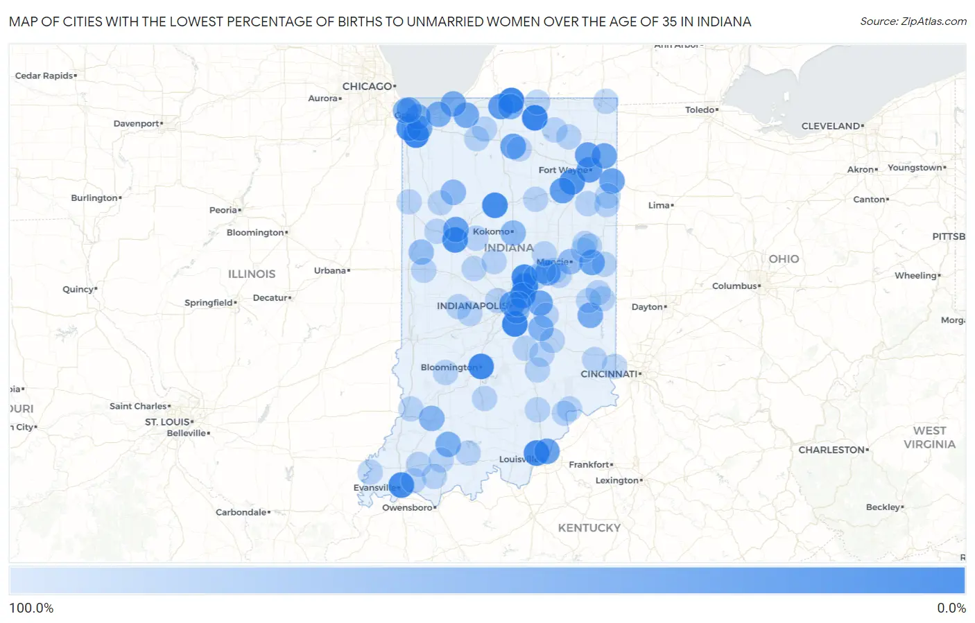 Cities with the Lowest Percentage of Births to Unmarried Women over the Age of 35 in Indiana Map