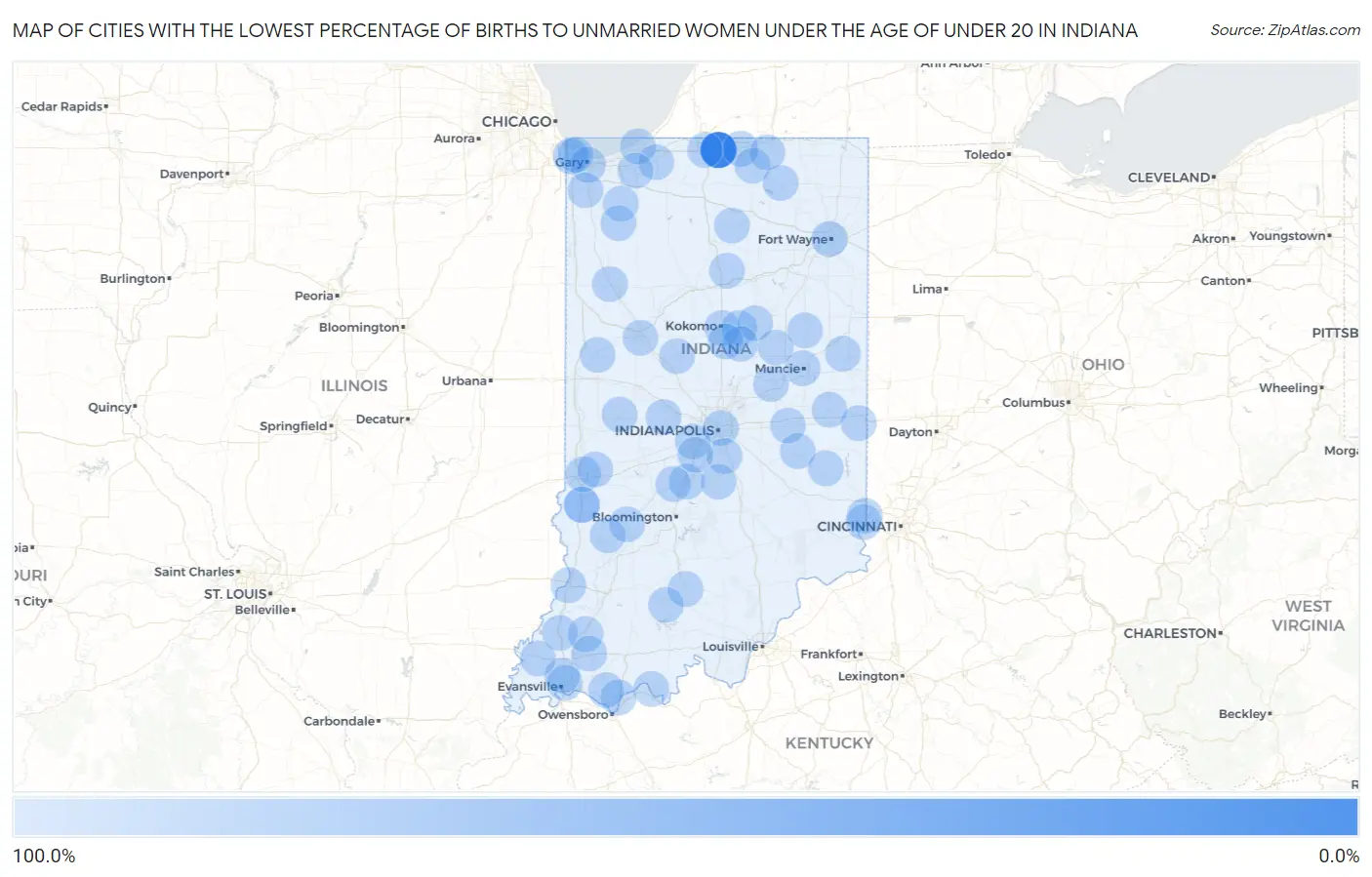 Cities with the Lowest Percentage of Births to Unmarried Women under the Age of under 20 in Indiana Map