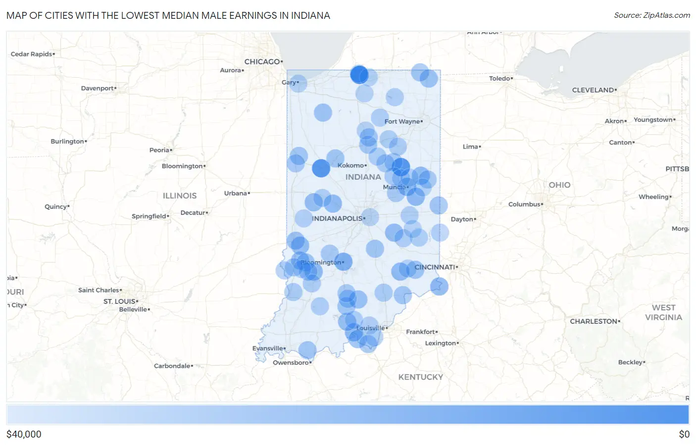 Cities with the Lowest Median Male Earnings in Indiana Map