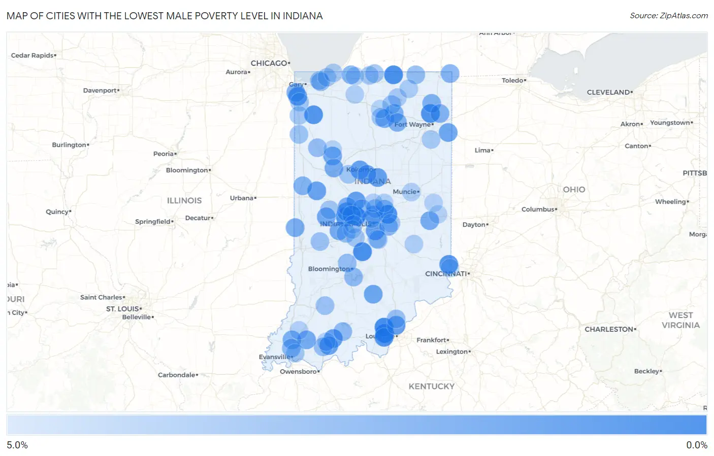 Cities with the Lowest Male Poverty Level in Indiana Map