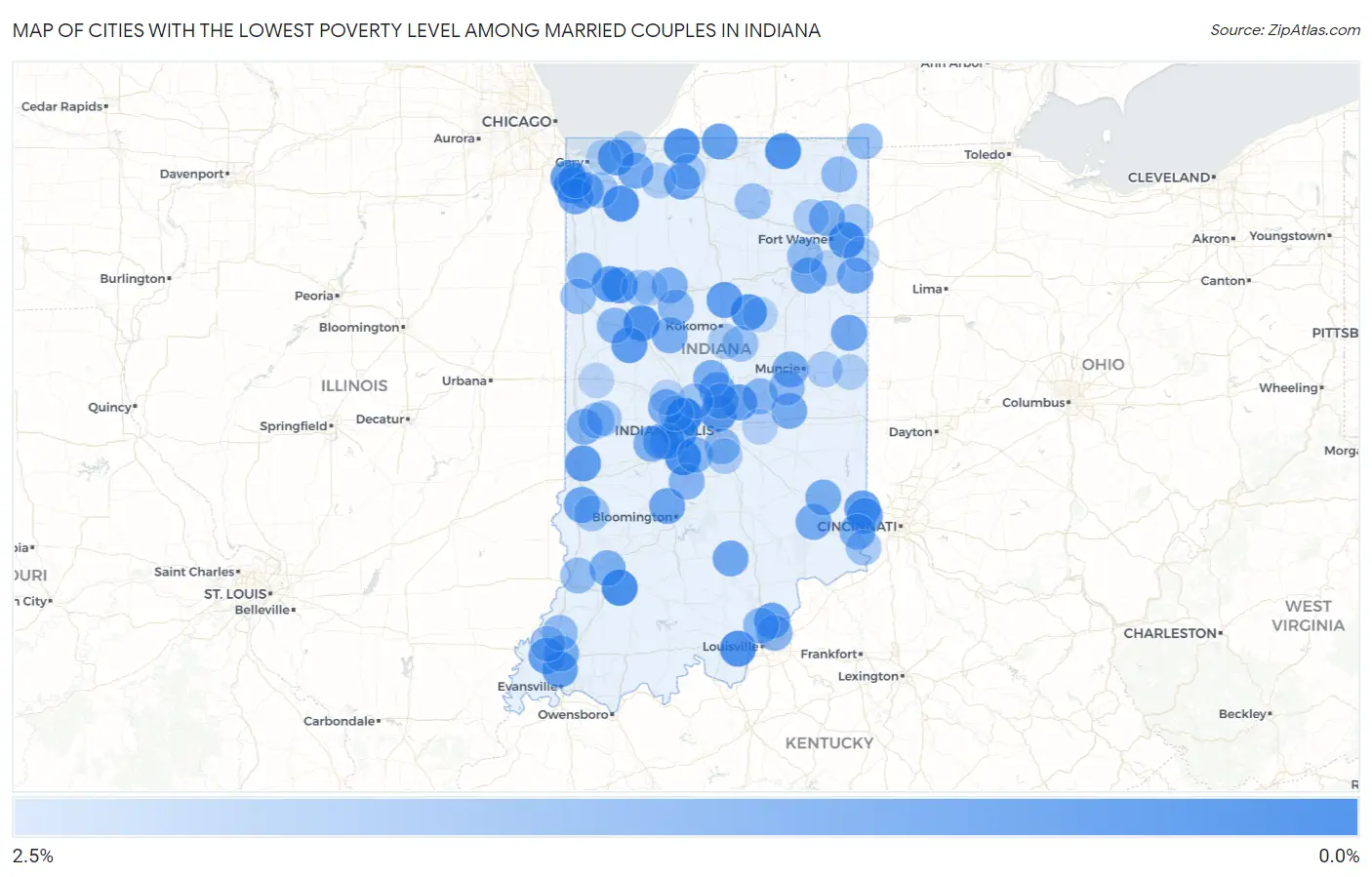 Cities with the Lowest Poverty Level Among Married Couples in Indiana Map
