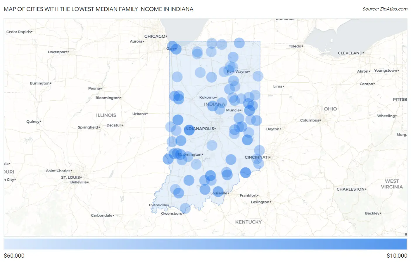 Cities with the Lowest Median Family Income in Indiana Map