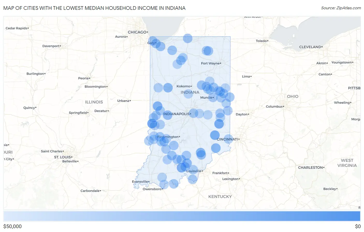 Cities with the Lowest Median Household Income in Indiana Map