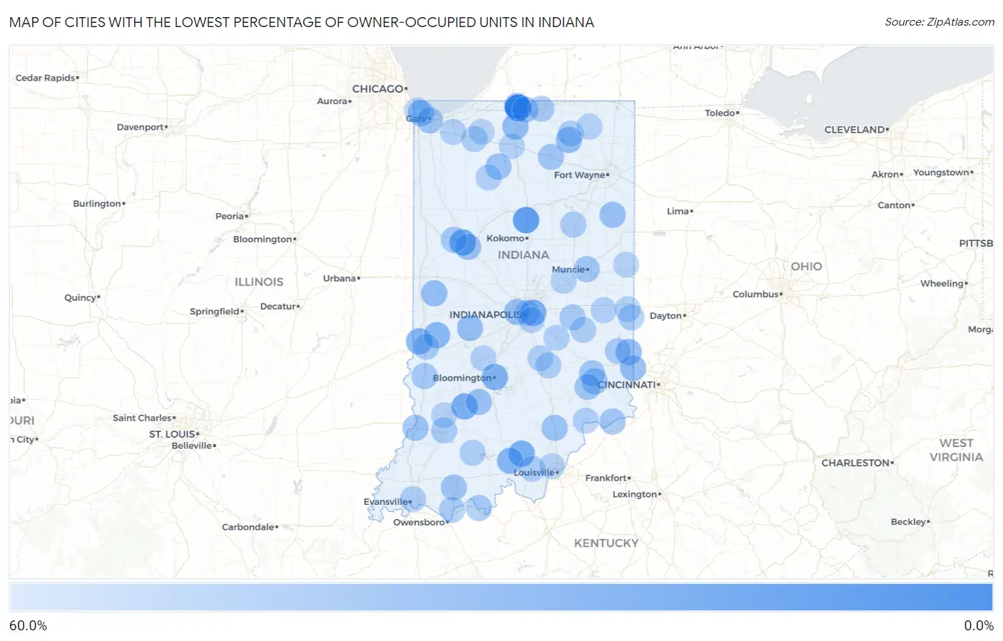Cities with the Lowest Percentage of Owner-Occupied Units in Indiana Map