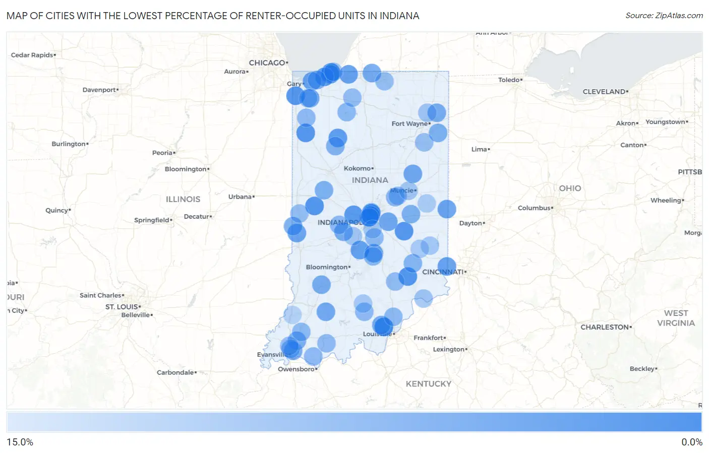 Cities with the Lowest Percentage of Renter-Occupied Units in Indiana Map