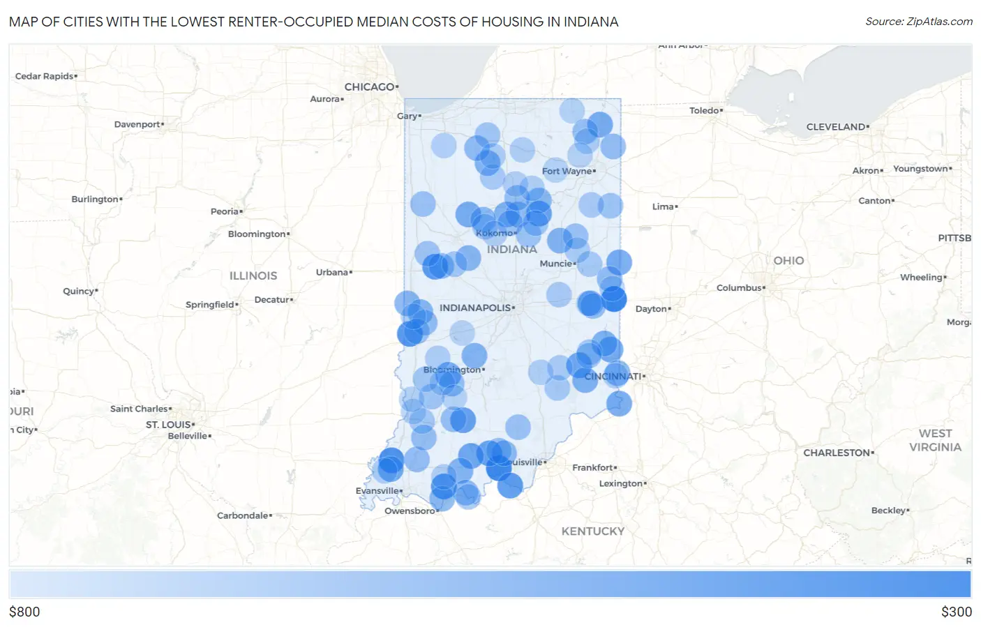 Cities with the Lowest Renter-Occupied Median Costs of Housing in Indiana Map