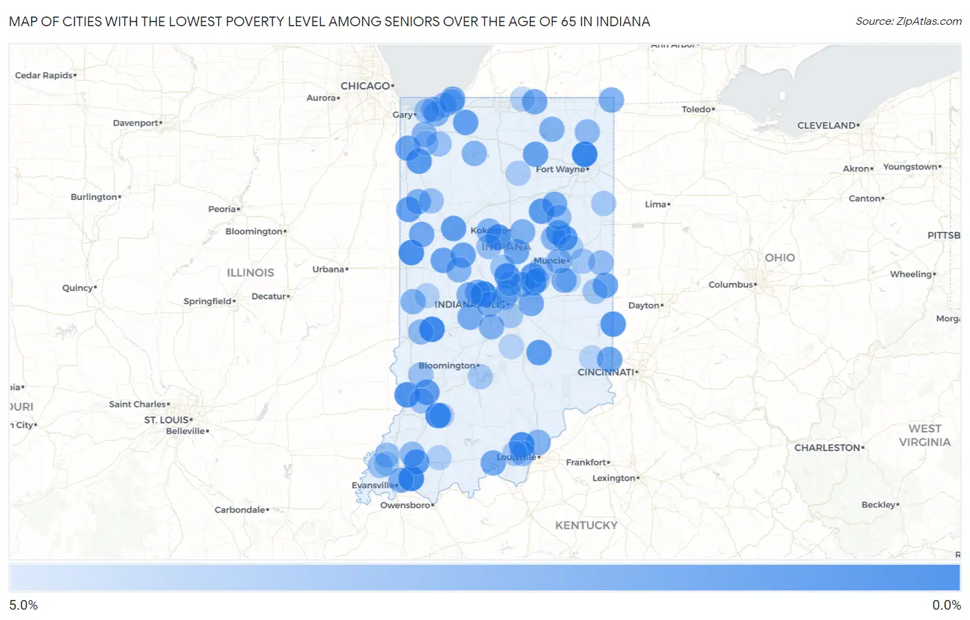 Cities with the Lowest Poverty Level Among Seniors Over the Age of 65 in Indiana Map