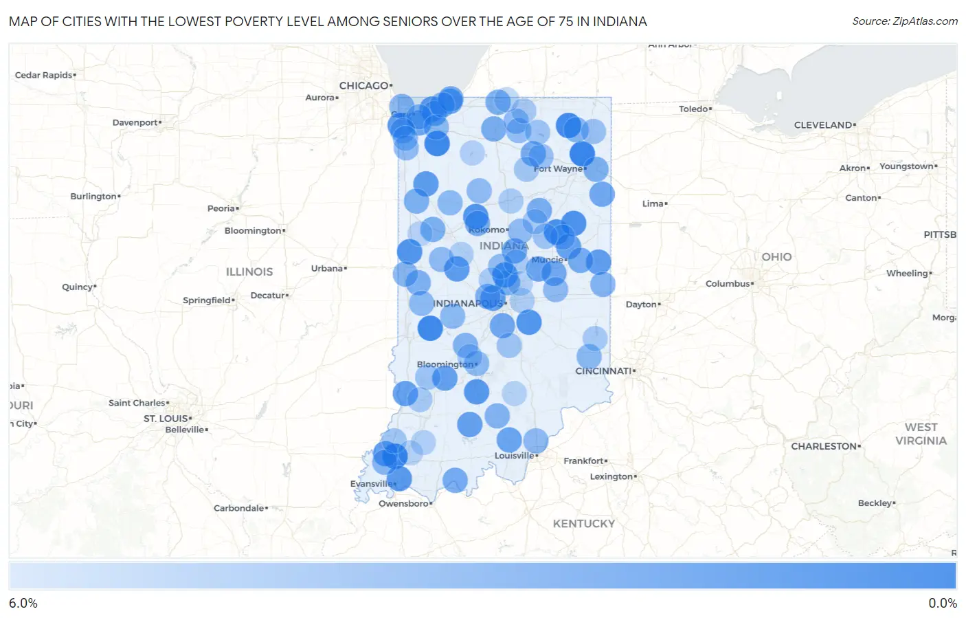 Cities with the Lowest Poverty Level Among Seniors Over the Age of 75 in Indiana Map