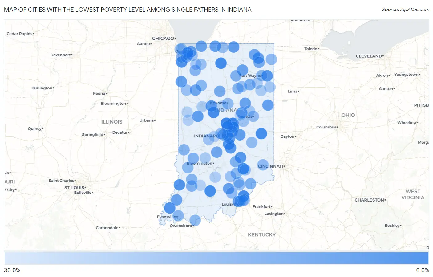 Cities with the Lowest Poverty Level Among Single Fathers in Indiana Map