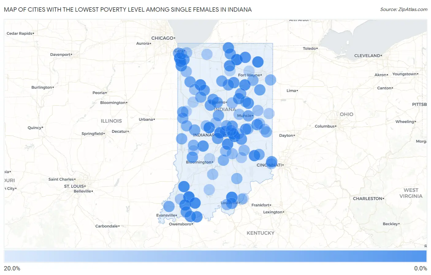 Cities with the Lowest Poverty Level Among Single Females in Indiana Map
