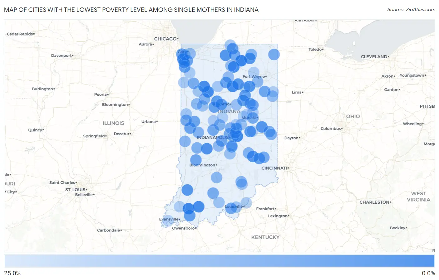 Cities with the Lowest Poverty Level Among Single Mothers in Indiana Map