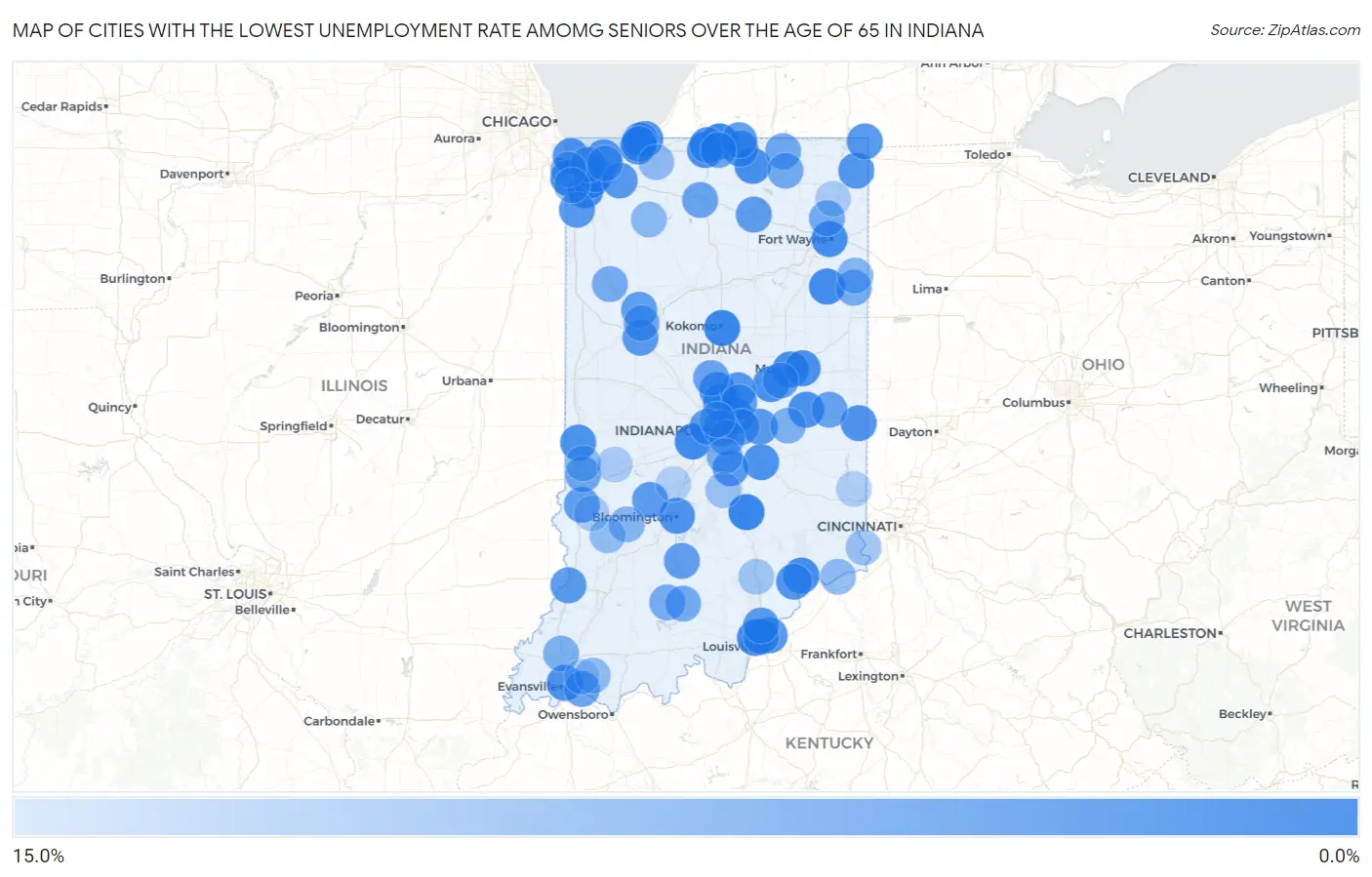 Cities with the Lowest Unemployment Rate Amomg Seniors Over the Age of 65 in Indiana Map