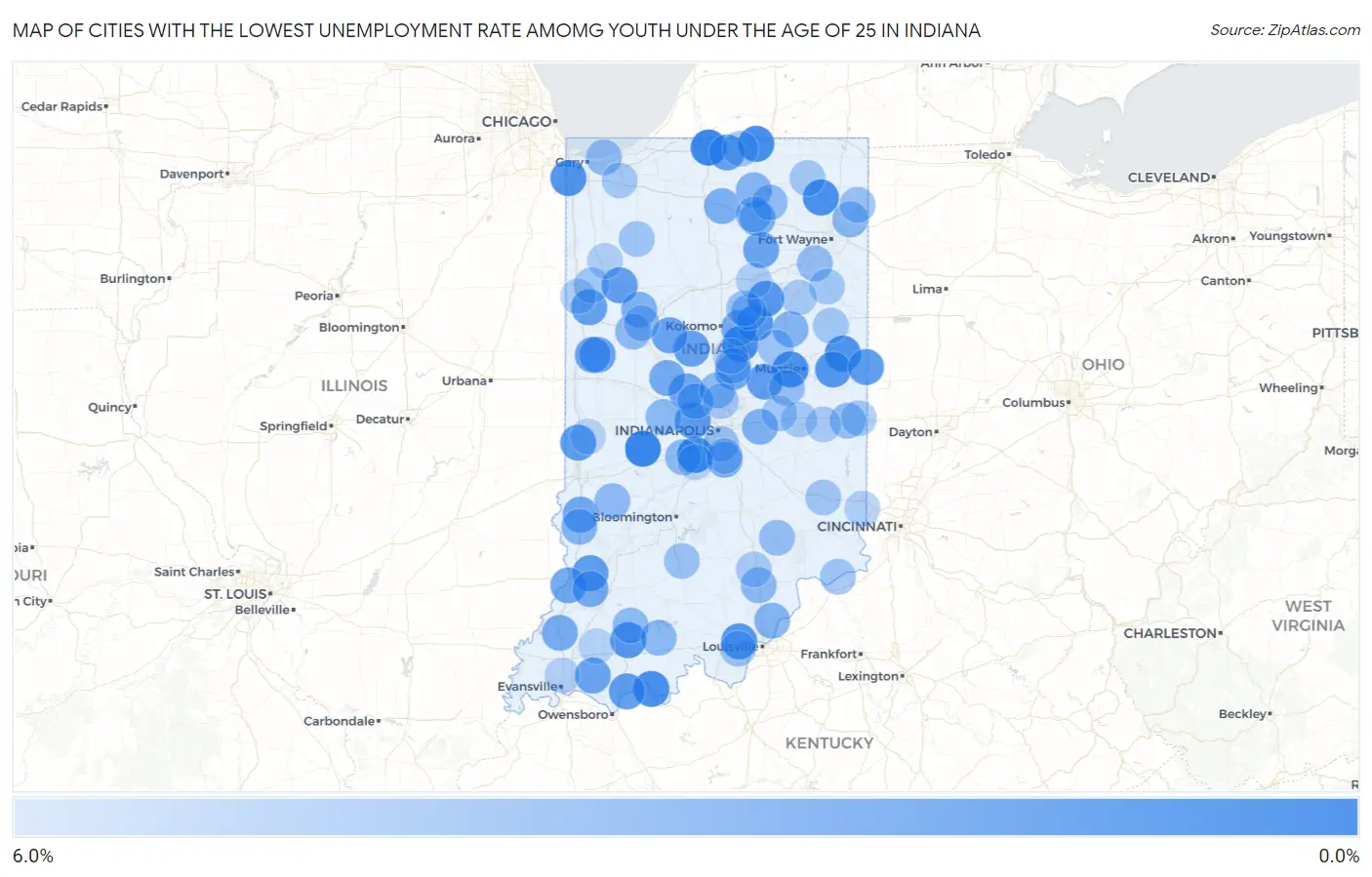 Cities with the Lowest Unemployment Rate Amomg Youth Under the Age of 25 in Indiana Map