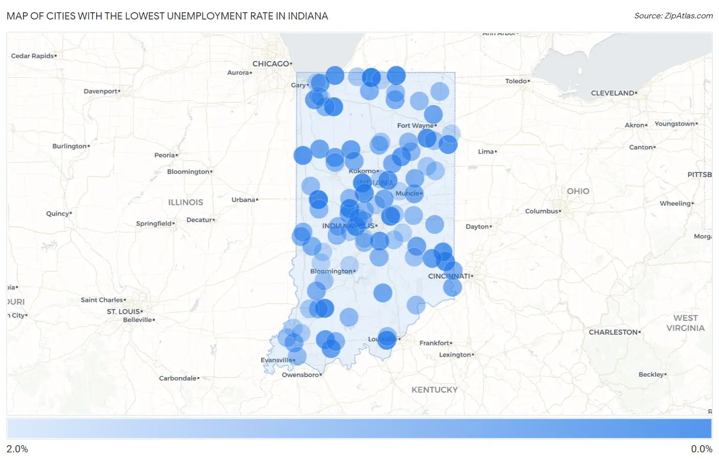 Cities with the Lowest Unemployment Rate in Indiana Map